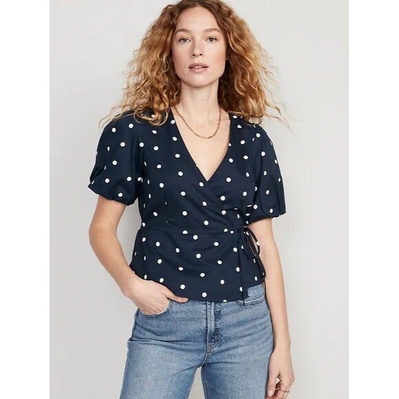 Old Navy 100% Cotton Polka Dot Waist Defined Puff-Sleeve Tie-Wrap Blouse XL - Picture 1 of 7